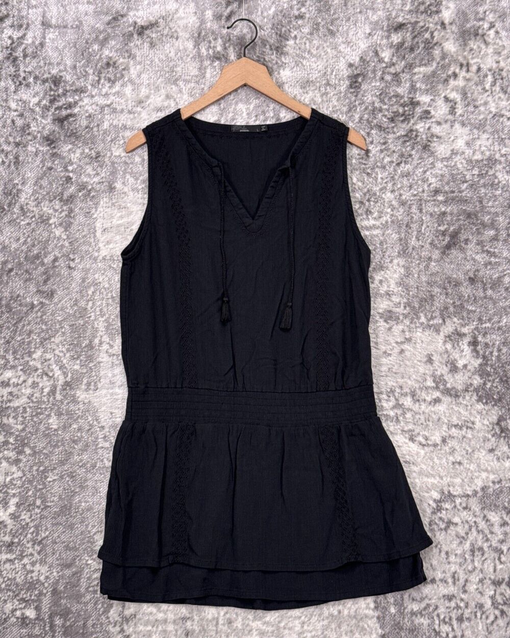 Prana Dress Large Womens Black Tencel Modal Woven Tassel Tie